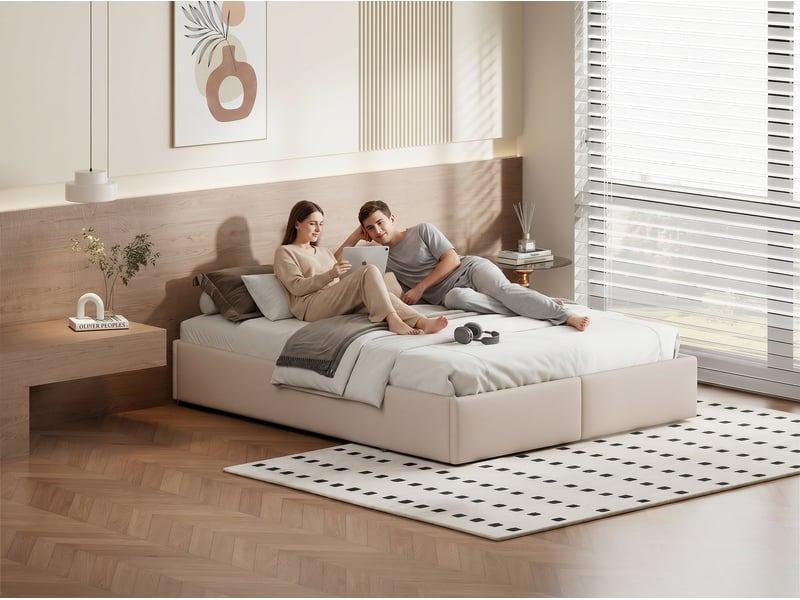 Lit coffre avec tiroirs - 160x200cm - avec rangement hydraulique et sommier à lattes - beige - Conforama E
