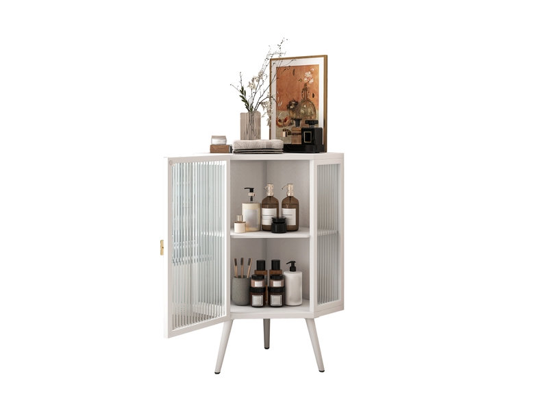  Meuble d'angle de salle de bain au sol 56 x 42,5 x 80 cm – blanc – rangement 2 niveaux en verre trempé  - Conforama A