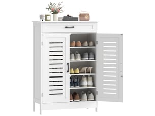 Meuble à chaussures 20 paires, armoire à chaussures avec 2 portes persiennes, tiroir et étagères réglables, blanc
