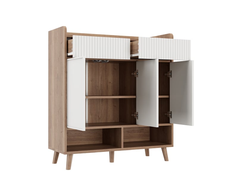  Meuble à chaussures, 3 portes, 2 tiroirs, étagères réglables, 90x35x100 cm, bois blanc et naturel  - Conforama R
