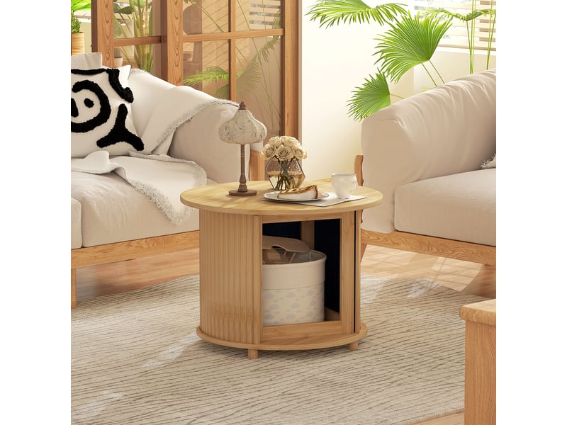  Table d’appoint ronde en bambou ø60 cm x h45 cm – rangement dissimulé et porte coulissante, aspect naturel  - Conforama E