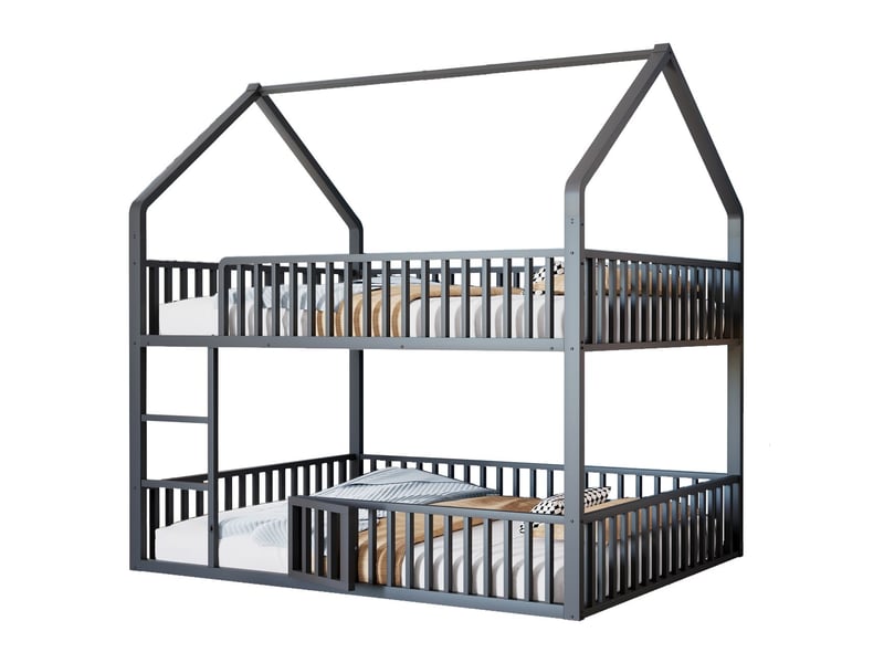 Lit superposé 140x200 - design cabane métal noir - lit superposé enfant - avec petite porte, échelle, barrières  - Conforama D