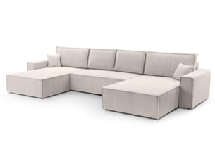 Canapé d'angle panoramique convertible <strong>AX LIVING </strong> <strong>Cedria U</strong> 5 places Velours côtelé beige avec coffre de rangement