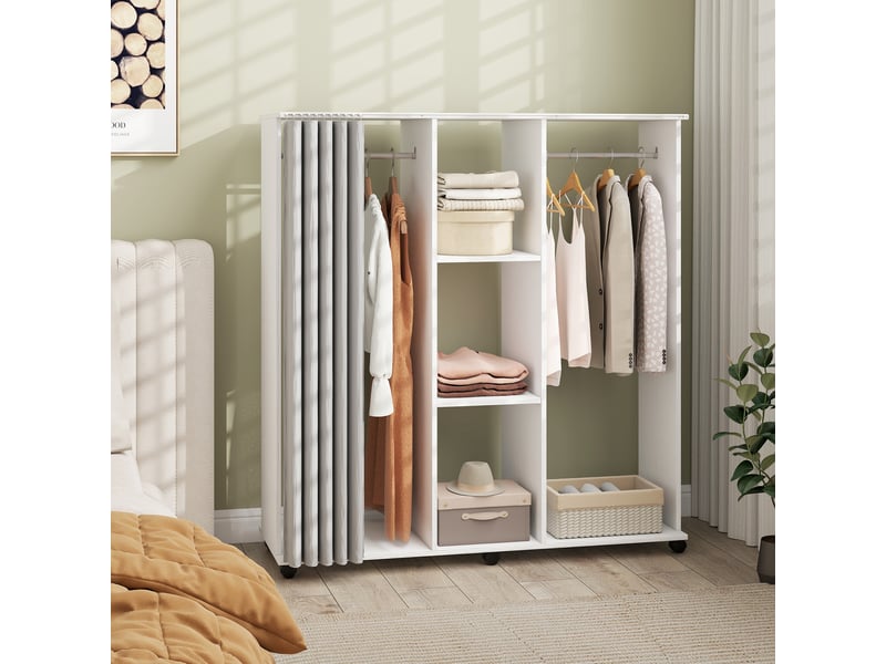  Armoire penderie meuble de rangement mobile 6 roulettes 120l x 40l x 128h cm en bois blanc  - Conforama C