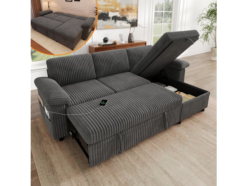  Canapé d’angle convertible 214x138.5x89 cm, méridienne réversible, velours côtelé gris  - Conforama B