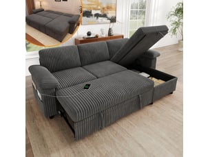 Canapé d'angle réversible convertible <strong>FLORAGRACE</strong> <strong></strong> 3 places Velours côtelé gris avec coffre de rangement