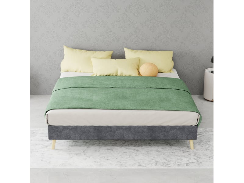  Lit enfant 140 × 200 cm 2 places avec tête de lit rembourrée, sans matelas, en tissu gris  - Conforama C