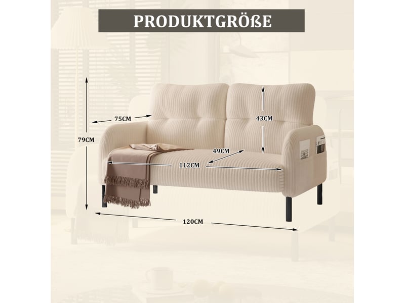 Canapé 2 places 120x75x79 cm en velours côtelé beige avec poche latérale - Conforama C