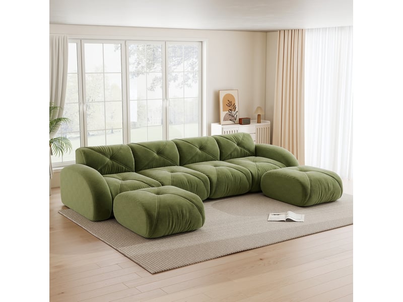 Canapé modulable en u panoramique 358x171x76 cm 4 places, sans montage, tendre, 2 poufs, revêtement en chenille, vert - Conforama E