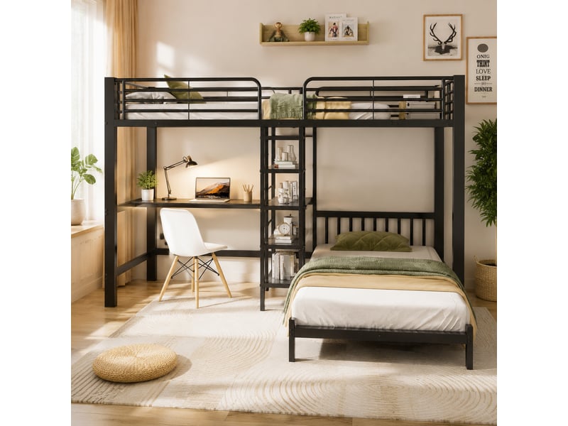  Lit superposé multifonction 2 couchages 90x200 cm, bureau en l, escalier avec rangements, usb et usb-c, étagères, métal noir Radiant Stride - Conforama D