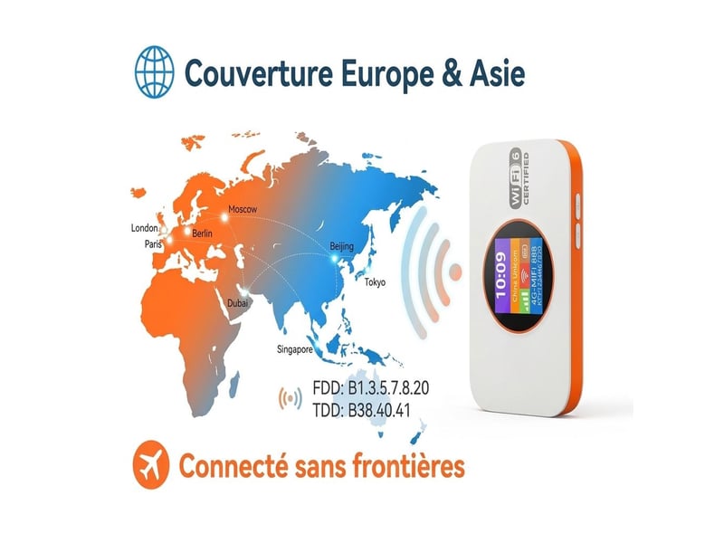  Routeur 4g lte mobile wifi 6 300 mbps – hotspot portable de poche batterie 3000 mah autonomie 10h, écran lcd couleur, 10 appareils connectés europe et asie – blanc et orange  - Conforama C