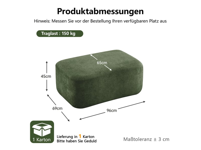 Repose-pied pouf modulaire avec mousse haute résilience sans cadre et revêtement en velours, vert, 96 × 69 × 45 cm - Conforama E