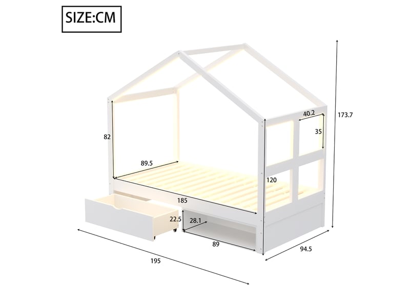Lit simple enfant 90 x 190 cm avec tiroirs et petit meuble à chaussures, éclairage led et sommier à lattes, toit en forme de maison, bois, blanc Morn Vibe - Conforama D