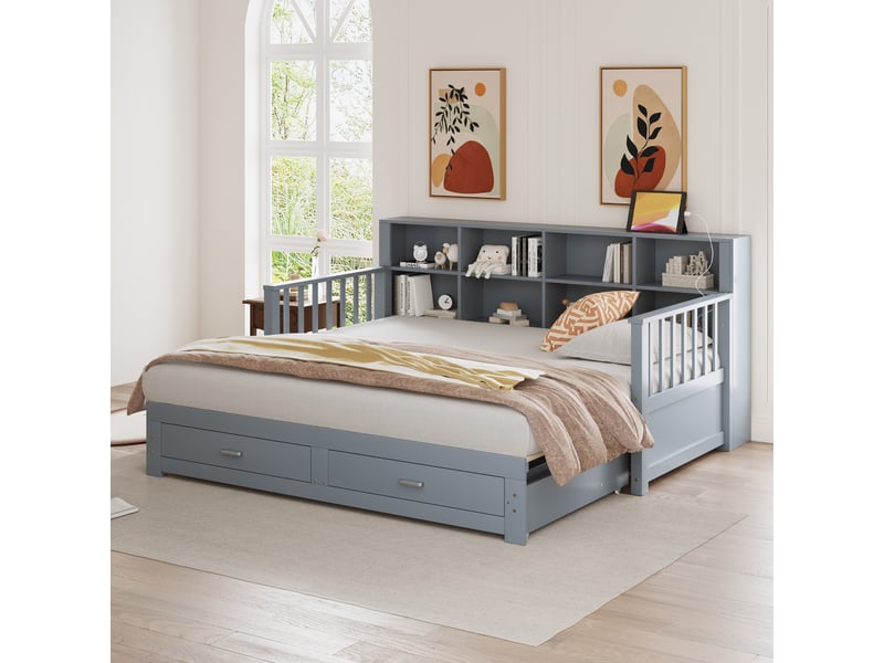  Canapé-lit extensible 90/180x190 cm avec rangements, prise et 2 tiroirs, pin gris, sans matelas  - Conforama W
