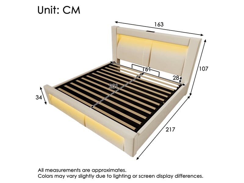 Lit coffre 160x200 en velours beige avec rangement hydraulique, led, ports usb type-c et sommier à lattes - Conforama C