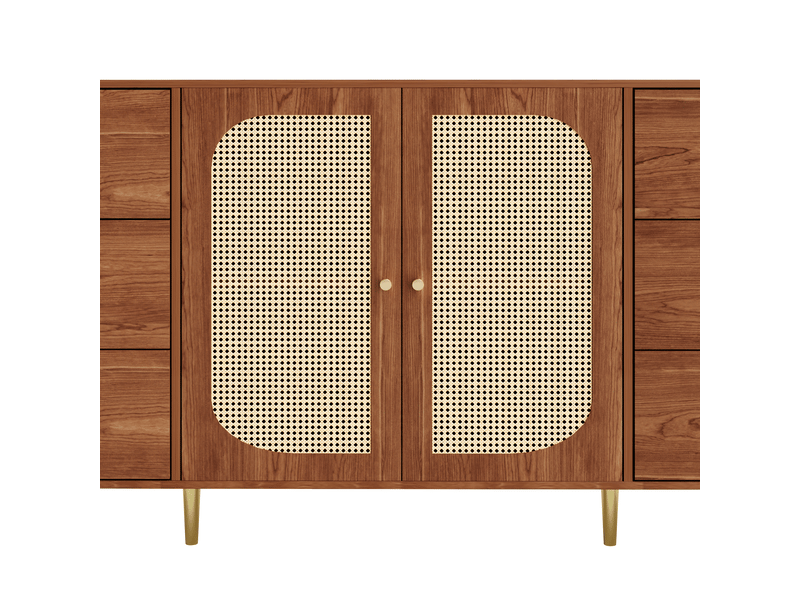  Buffet en rotin 160 cm meuble de rangement avec tiroirs et portes mdf marron pour salon cuisine  - Conforama B