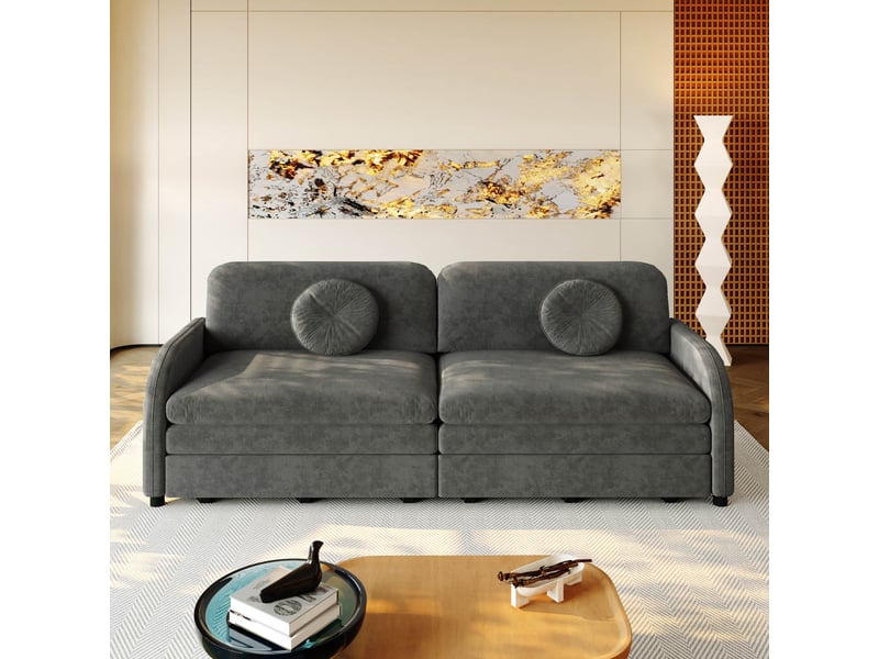  Canapé-lit couple queen-size extensible noir en chenille avec coussins et poches,  - Conforama D