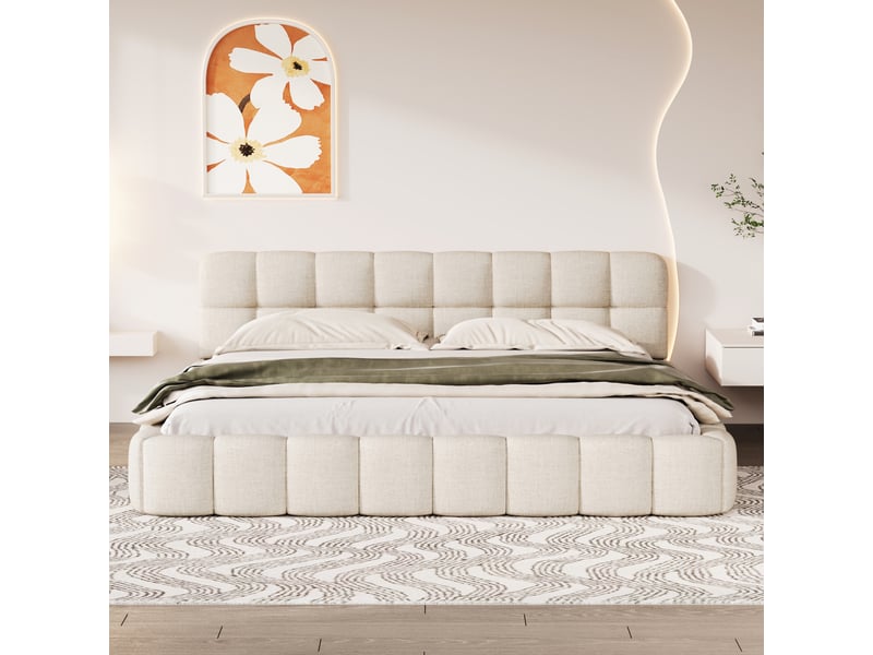  Lit 2 place 140x190 cm avec sommier à lattes et tête de lit à volants, lit enfant moderne, tissu lin beige, sans matelas  - Conforama W