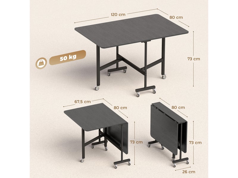  Table pliante de salle à mangercuisine pour 4 à 6 personnes avec 6 roulettes, table mobile et pliable pour petits espaces, 120 x 80 x 73 cm, noire  - Conforama E