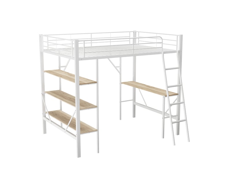 Lit mezzanine blanc 90x200 cm en métal avec bureau et 3 grandes étagères - Conforama A