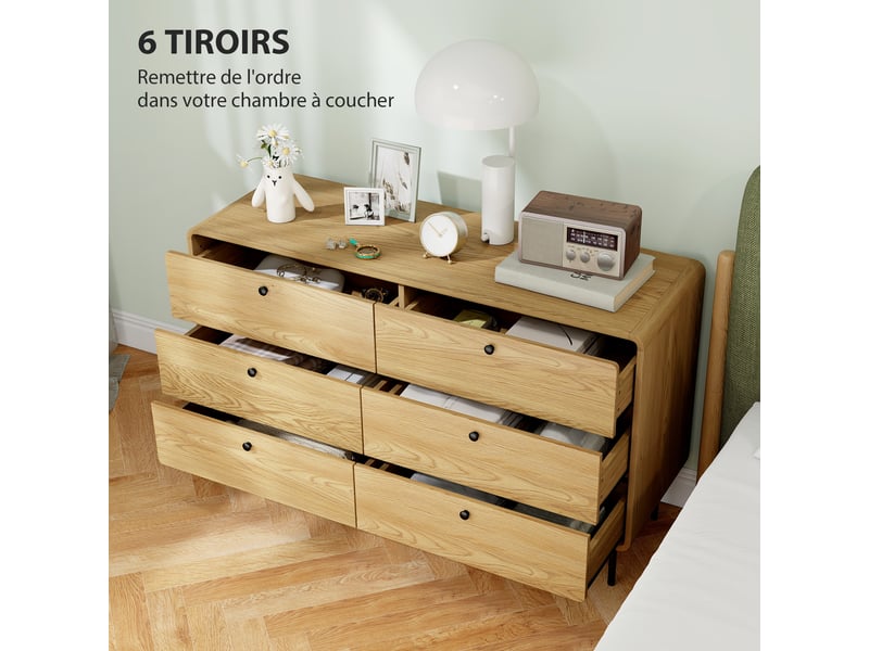  Commode 6 tiroirs meuble de rangement style moderne arrondis coins et pieds en acier 120 x 40 x 75cm effet bois de chêne  - Conforama A
