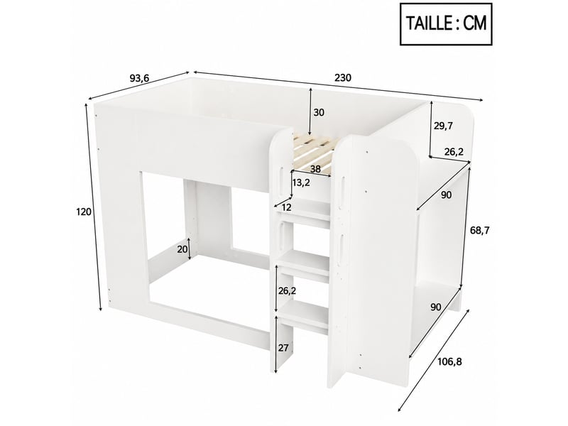  Lit superposé enfant 90 x 200 cm avec étagères latérales et échelle élargie, blanc  - Conforama C