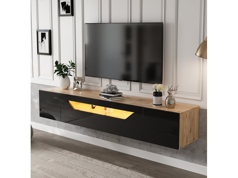  Meuble tv mural 180 x 37 x 36 cm avec led et rangements, noir et bois  - Conforama B