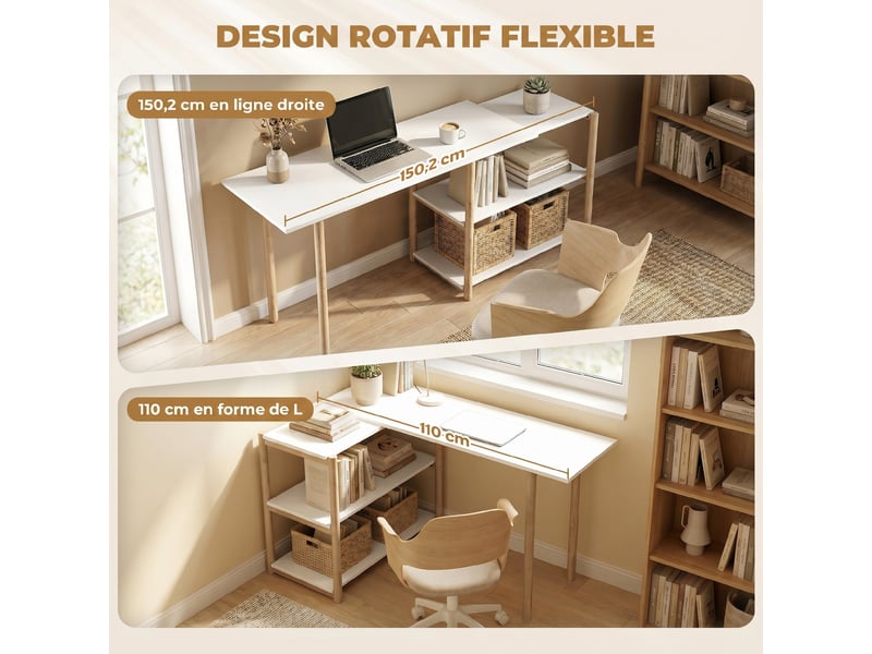  Bureau rotatif modulable avec étagères en mdf et bambou blanc et coloris chêne  - Conforama D