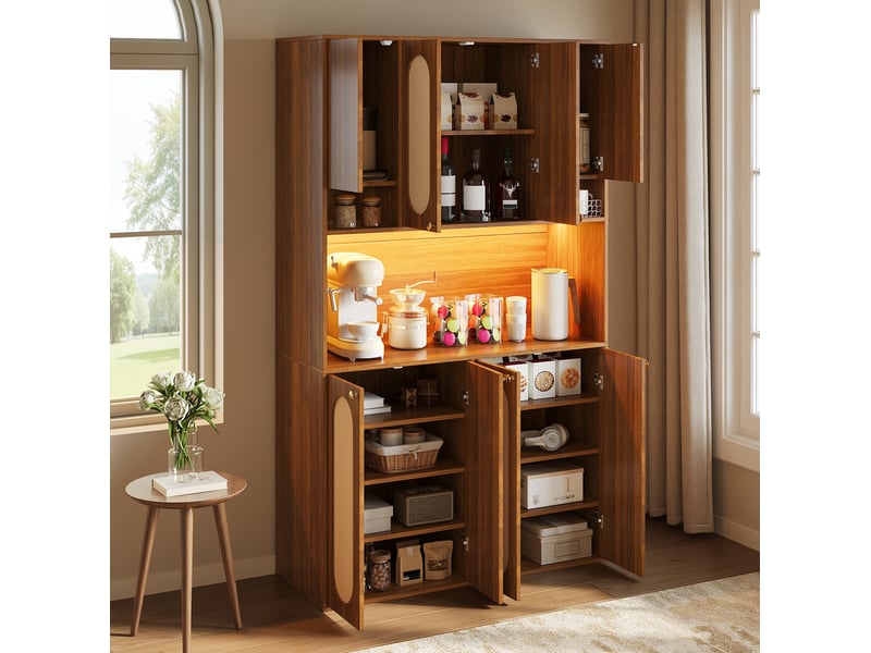  Buffet haut avec 8 portes, niche bar ouverte et led réglable en mdf et rotin pe naturel, pour salle à manger salon  - Conforama E