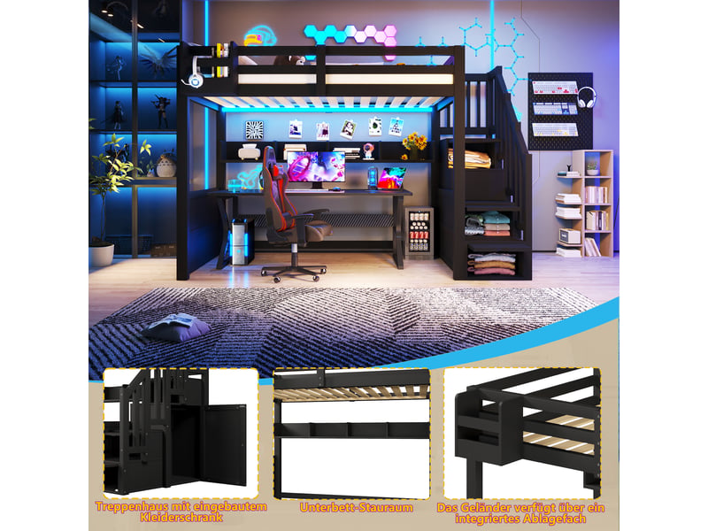  Lit mezzanine 90x200 cm – avec escalier rangement led et 4 compartiments – pin massif et mdf – noir CozyNest - Conforama D
