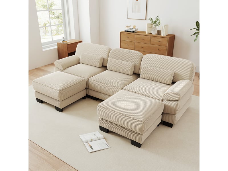 Canapé modulable en u 3 places 265x161x94 cm avec 2 poufs, assise profonde, coussin lombaire épais, velours côtelé - Conforama R