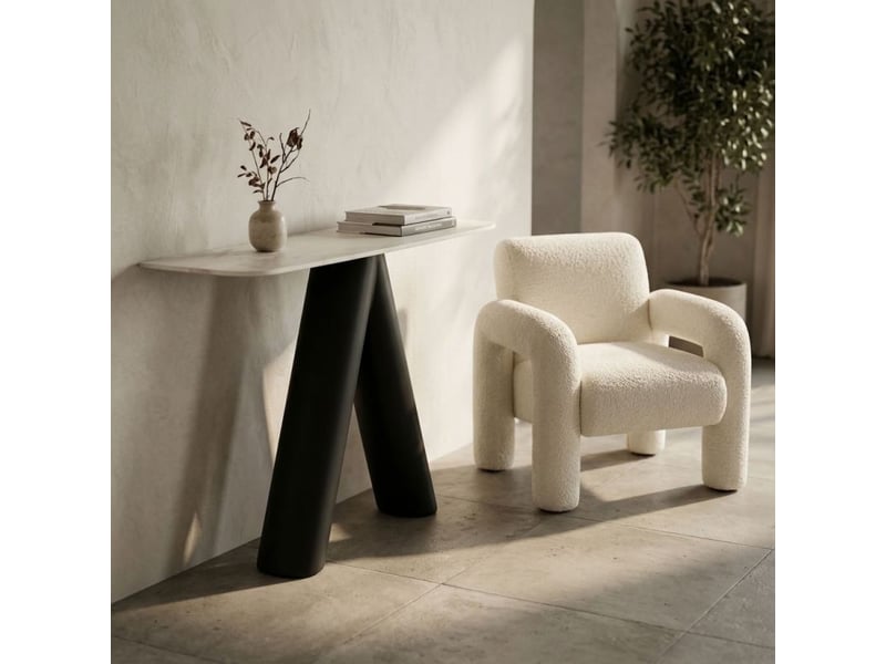  Console design l. 140 cm en céramique blanc marbré pied noir – satie  - Conforama B