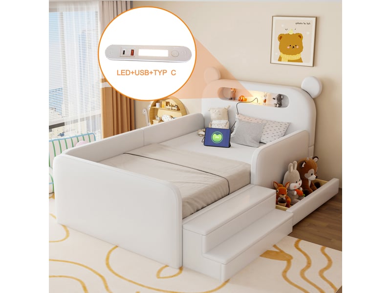 Lit enfant 90x200 cm blanc en similicuir avec tête de lit ours, veilleuse, usb et rangement - Conforama D