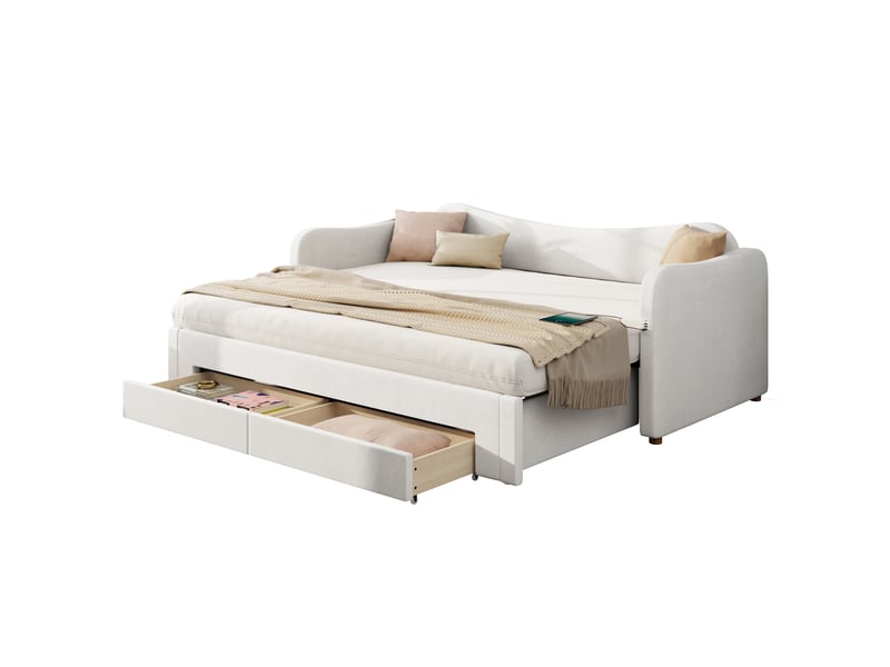  Lit banquette extensible 90 x 200 à 180 x 200 cm en velours beige avec 2 tiroirs, ports usb type-c, canapé-lit de jour rangement salon  - Conforama A