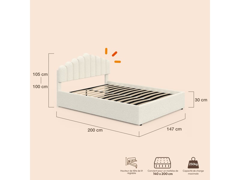  Lit coffre double noelie avec tête de lit et sommier 140 x 190 cm tissu bouclette blanc  - Conforama D
