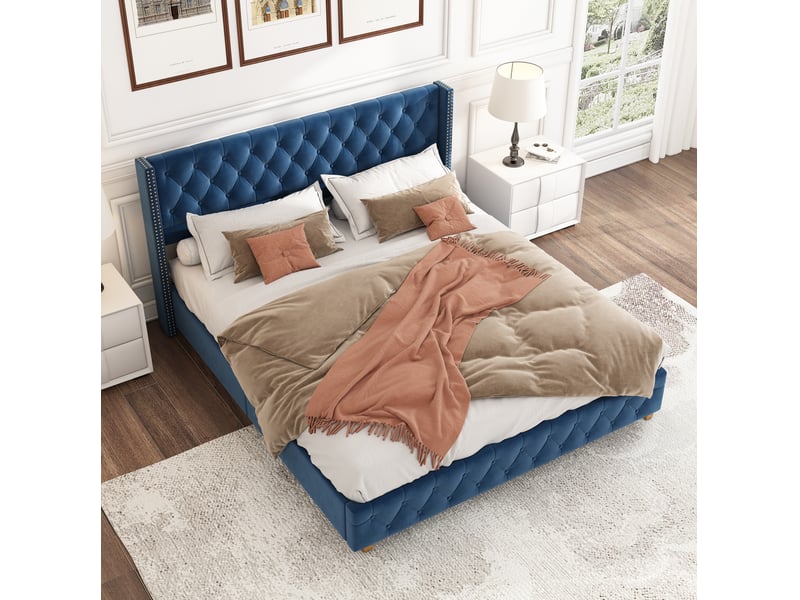 Lit rembourré tcqpz 160 x 200 cm avec sommier et tête de lit en velours bleu  - Conforama D