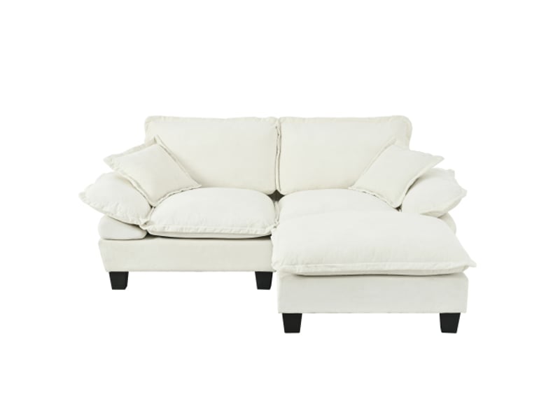  Canapé d’angle modulable en l, 1 pouf mobile, 2 coussins, mousse haute densité, 194 × 151 × 90 cm, chenille beige  - Conforama A