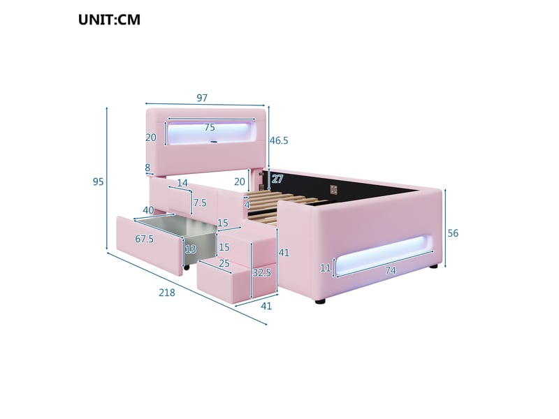  Lit plateforme rembourré 90 x 200 cm rose en pu et mdf, avec led, escalier, tiroir, usb et poches  - Conforama C