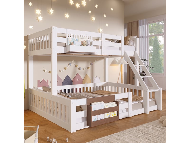 Lit superposé enfant 90x200 et 140x200 cm avec rangements, garde-corps et échelle intégrée, métal, mdf et pin, blanc Sol Morn - Conforama B