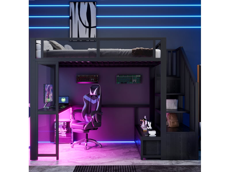  Lit mezzanine combiné enfant 140x200 cm avec escalier, rangement, usb, led, bureau, penderie ouverte, 3 tiroirs mdf métal noir sans matelas  - Conforama C
