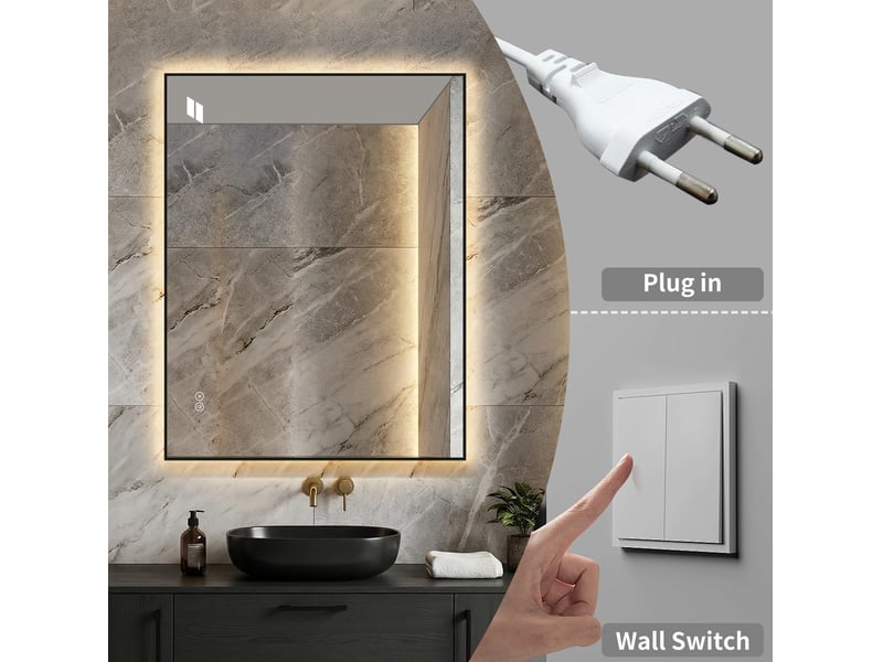 Miroir de salle de bain led 70x50 cm – argenté – cadre aluminium, antibuée et éclairage réglable progressif - Conforama D