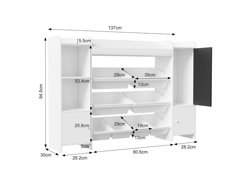 Bibliothèque enfant - 137 x 30 x 94,5 cm - blanc - meuble de rangement multifonction avec bacs plastiques et tableau noir  - Conforama B