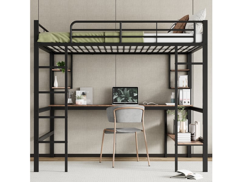  Lit mezzanine 140x200 cm en métal avec bureau, étagères, noir, sans matelas  - Conforama D