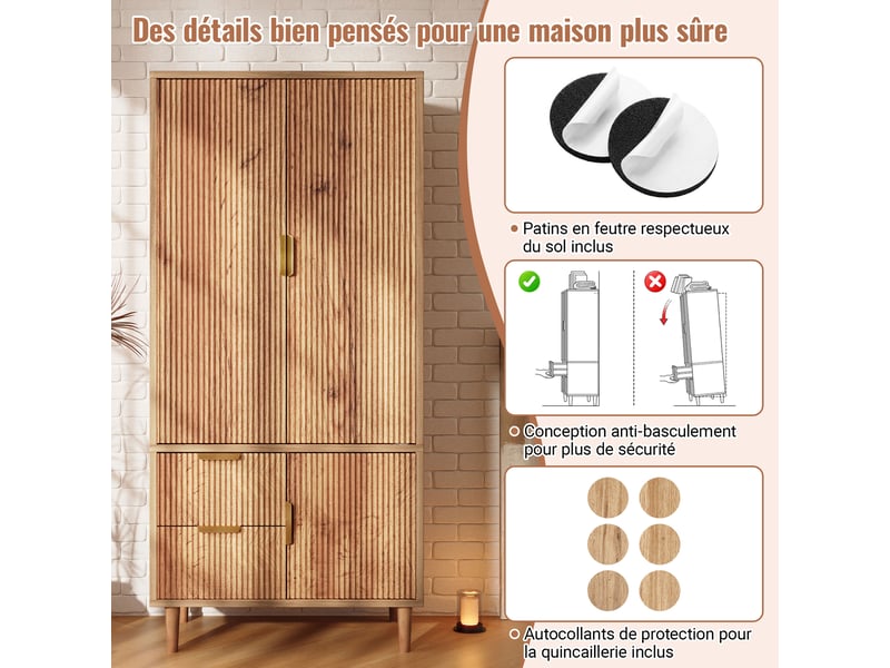  Armoire penderie 3 portes 80 x 50 x 177 cm avec 2 tiroirs et tringle, façades rainurées 3d, poignées dorées, chêne  - Conforama D