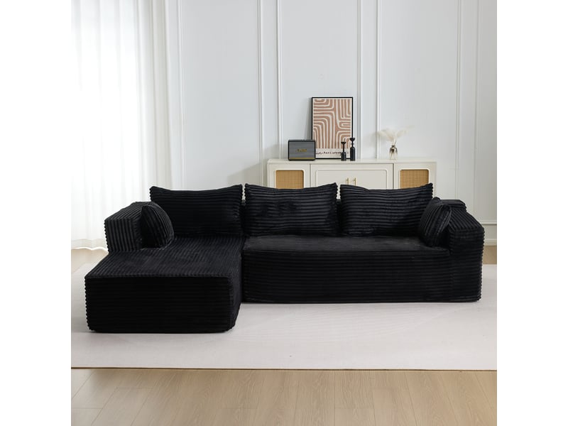 Canapé d’angle modulable modenvie avec chaise longue, 2 places, velours côtelé noir, 279 x 179 x 83 cm - Conforama D