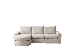 Canapé d'angle modulable compressé 3 places, méridienne réversible, en chenille beige