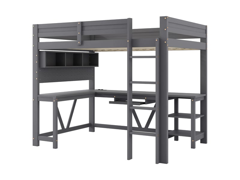 Lit superposé mezzanine 90x200 cm gris mdf et pin avec bureau rangements éclairage led et station de charge Sol Morn - Conforama A