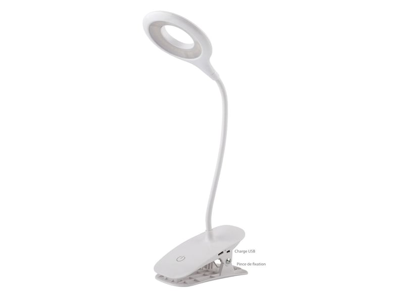  Lampe à pince led 5w rechargeable usb – lampe de bureau et de lecture flexible 360° tactile, 3 températures de couleur et intensité variable – blanc  - Conforama A