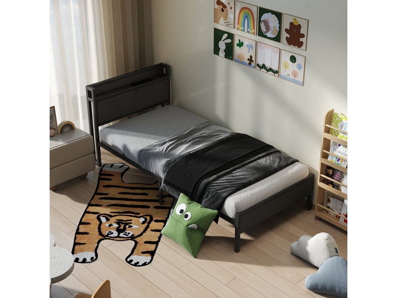 Lit simple 90x200 cm en métal noir avec rangement sous le lit, structure stable pour chambre ou chambre d’amis  - Conforama D