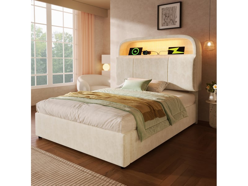  Lit coffre 90 × 200 cm 1 place avec led réglable, usb, type-c et tête de lit avec rangement, matelas inclus, beige  - Conforama B